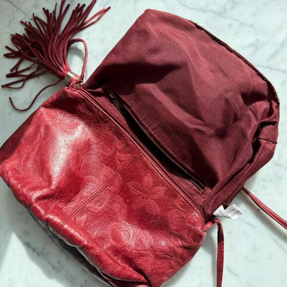 Vintage Genuine Leather Embossed Floral Crossbody Bag Burgundy Red - Picture 5 of 8